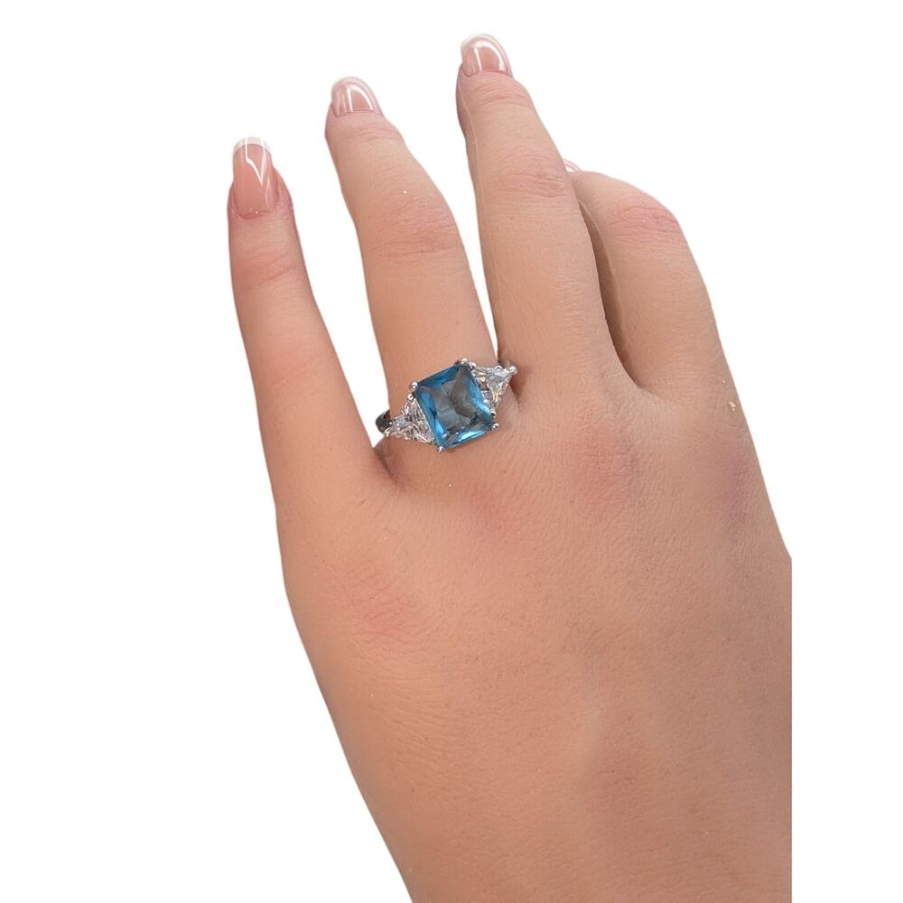 Silver Plated Blue Emerald Cut Center Stone Side Trillion CZ Cocktail Ring Sz 9